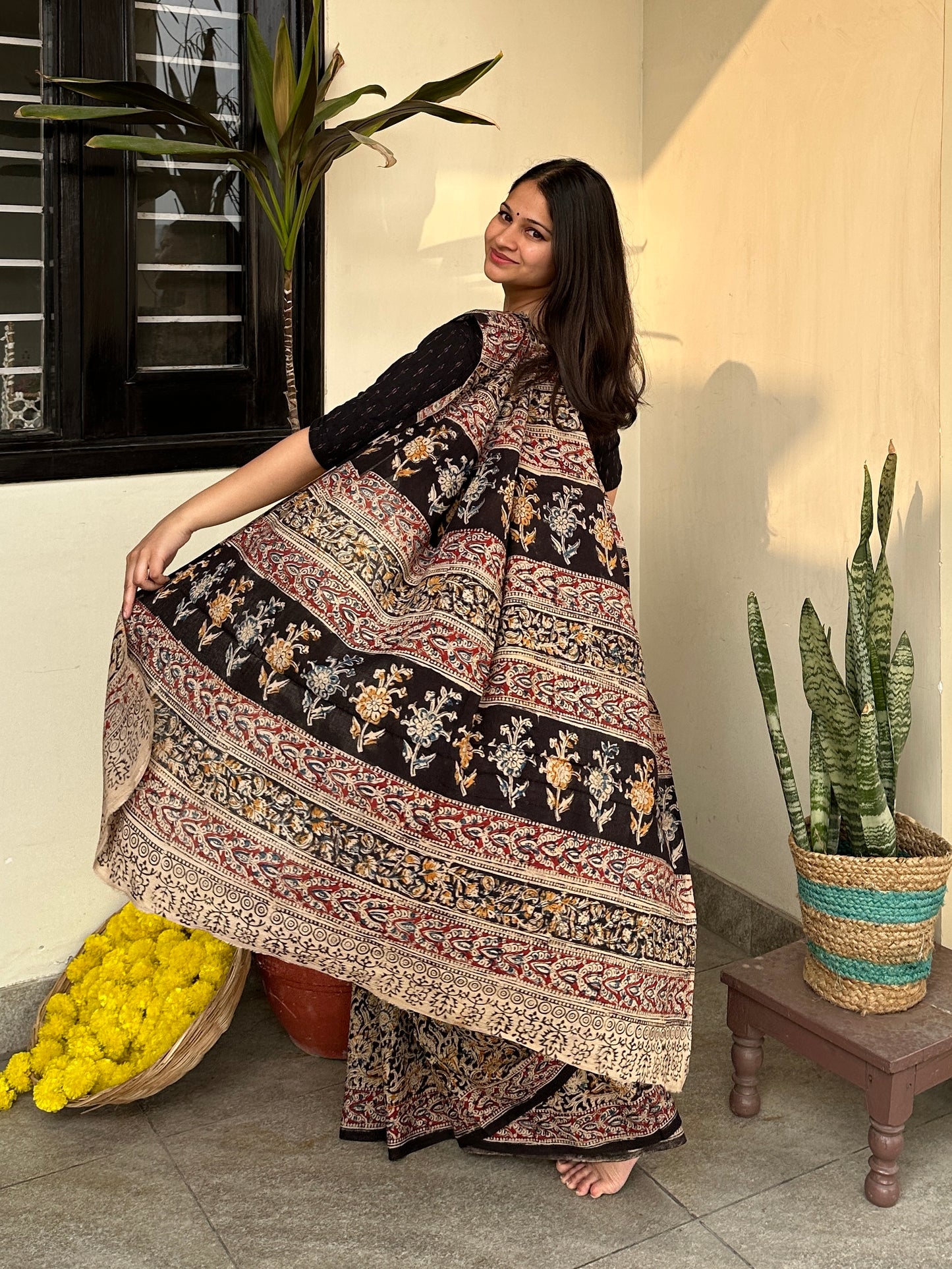 Ajrakh Black Cotton Printed Saree