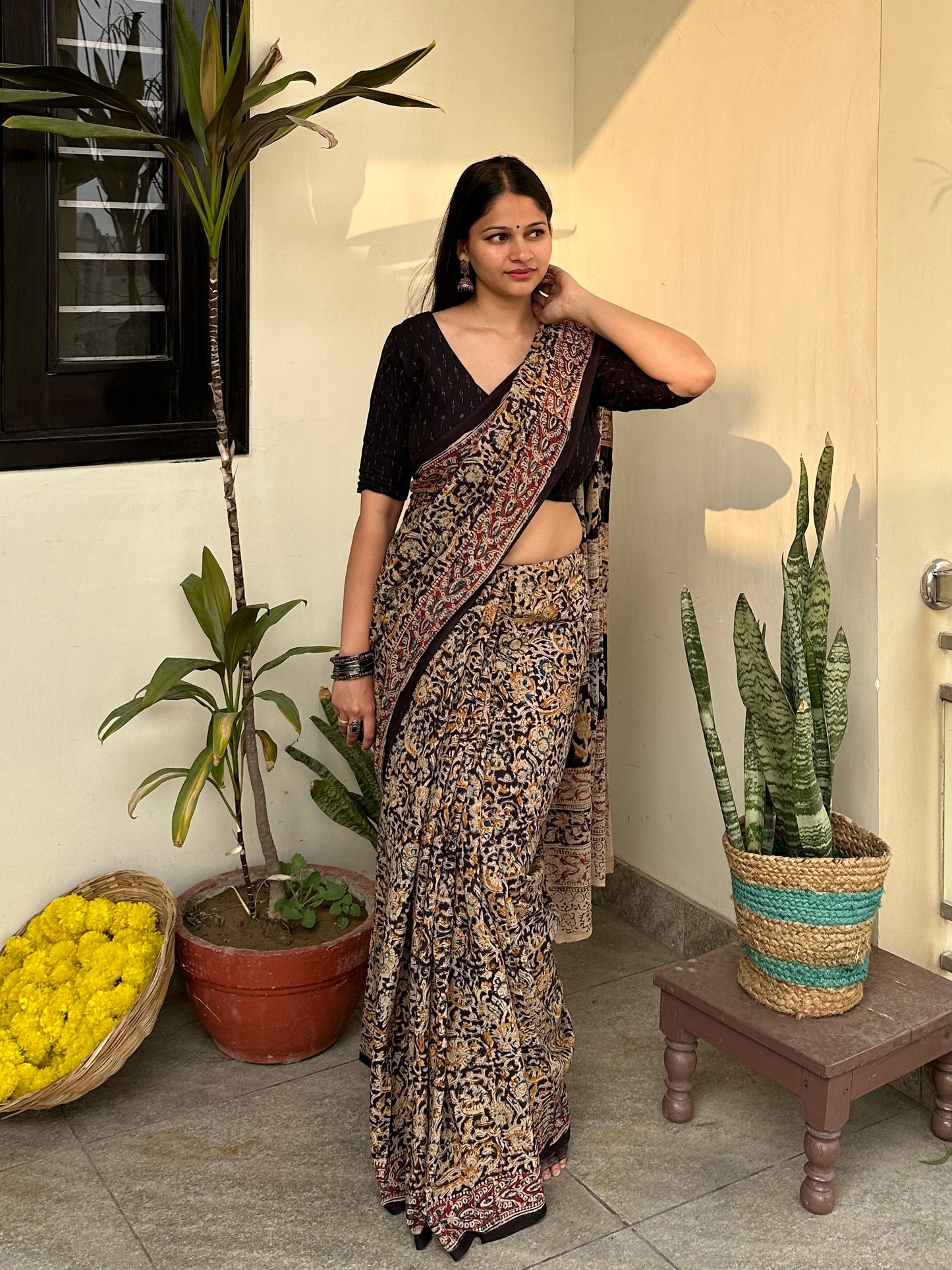 Ajrakh Black Cotton Printed Saree