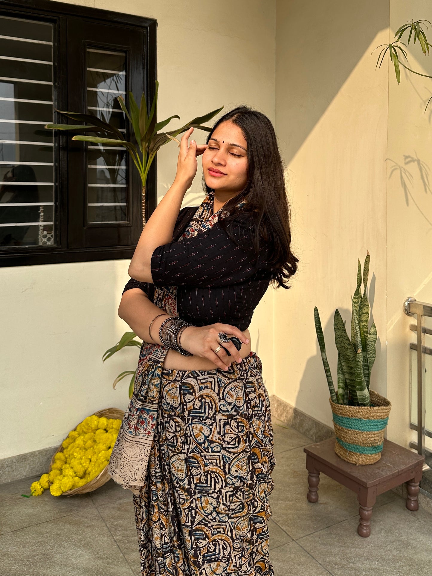 Ajrakh Black Saree