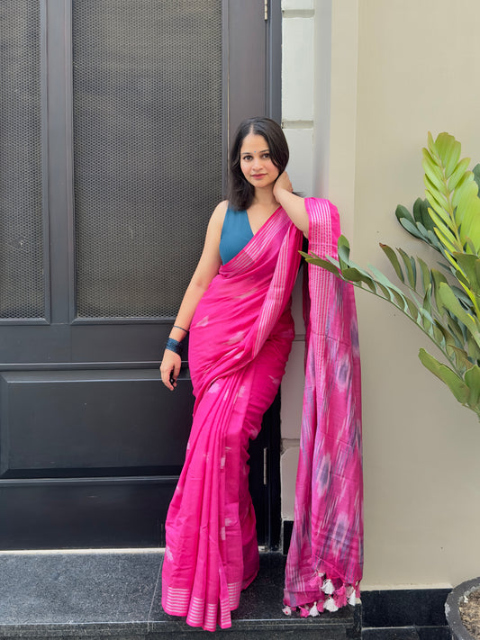 Beautiful pink saree with blue blouse