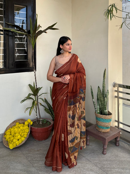 Brown Bandhej Madhubani Saree