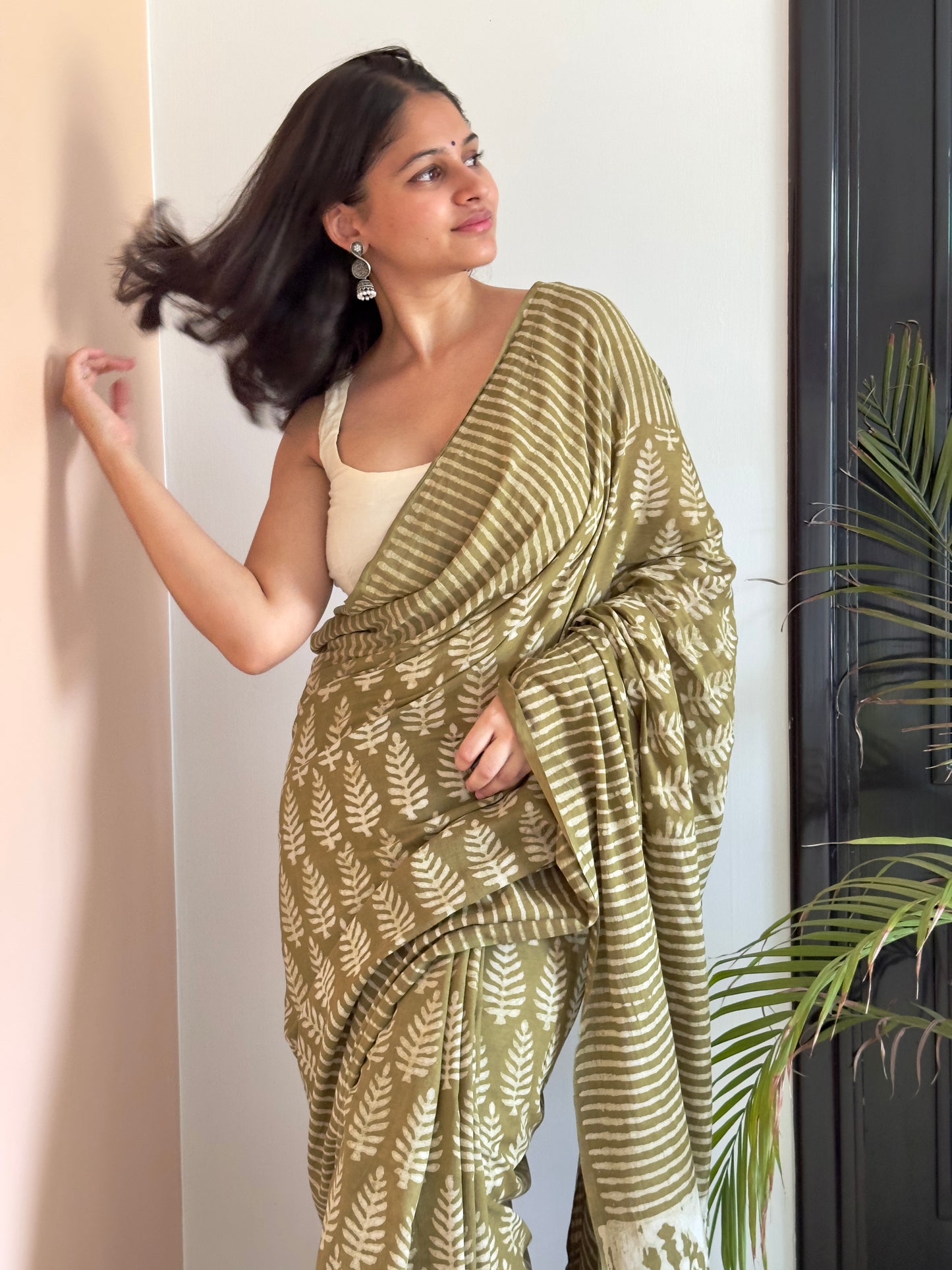 Buy floral olive green cotton saree with block print