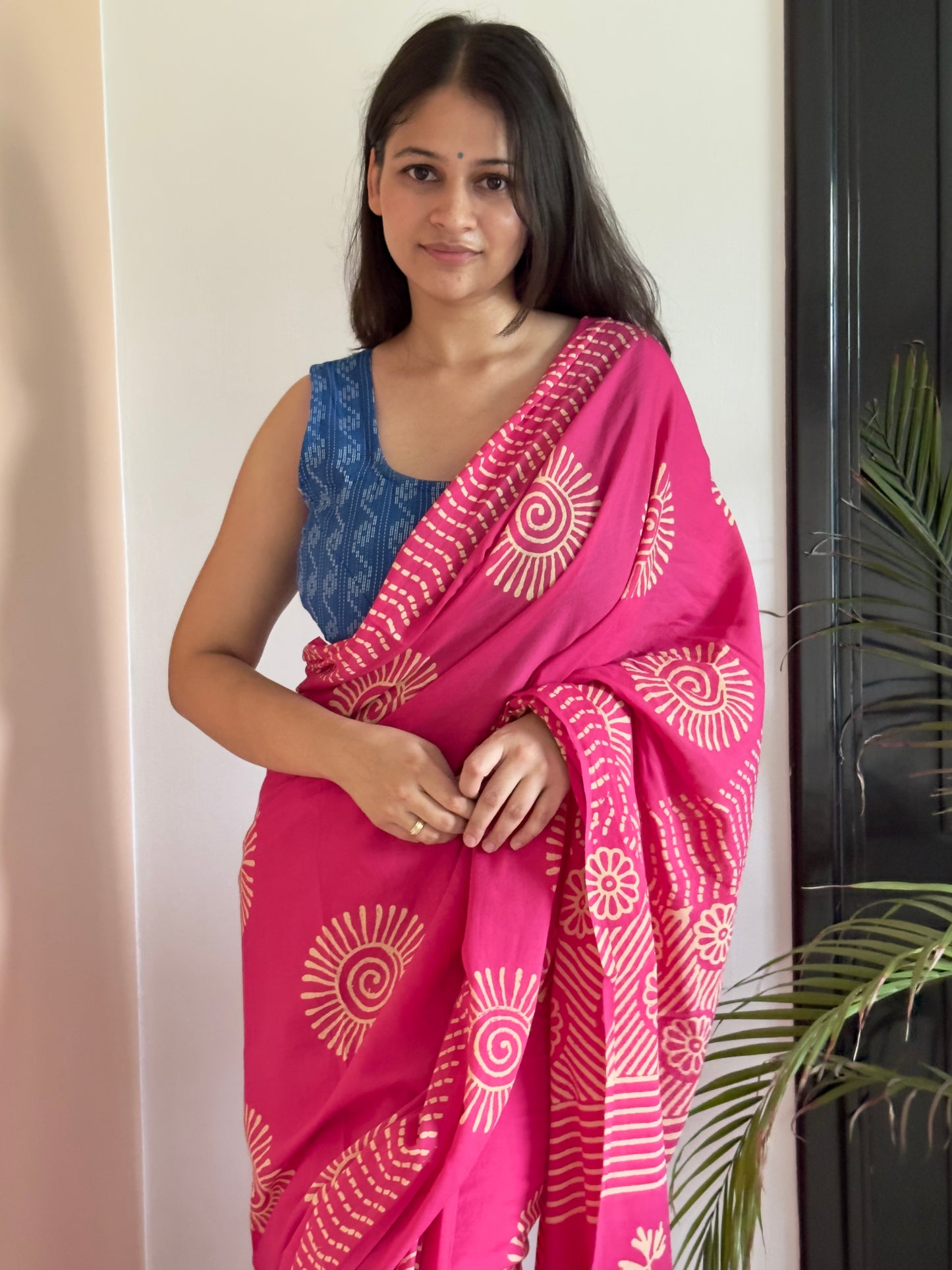 Buy magenta cotton saree with floral hand block print online