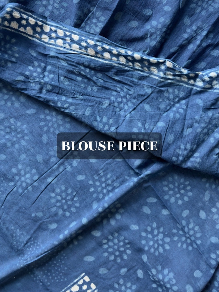 Elegant indigo mul cotton saree with hand block print