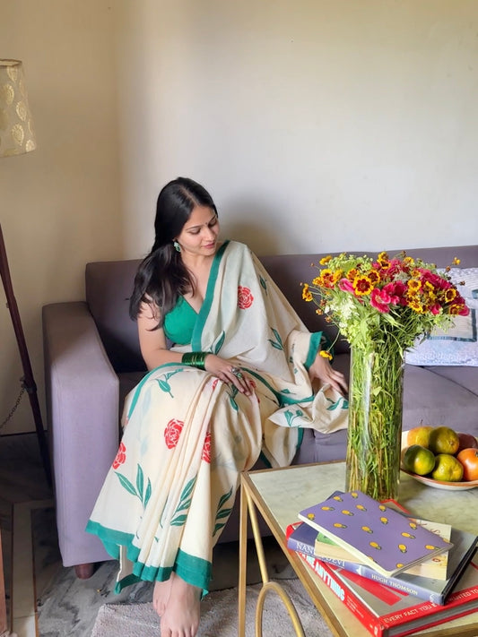 Green and orange mul saree