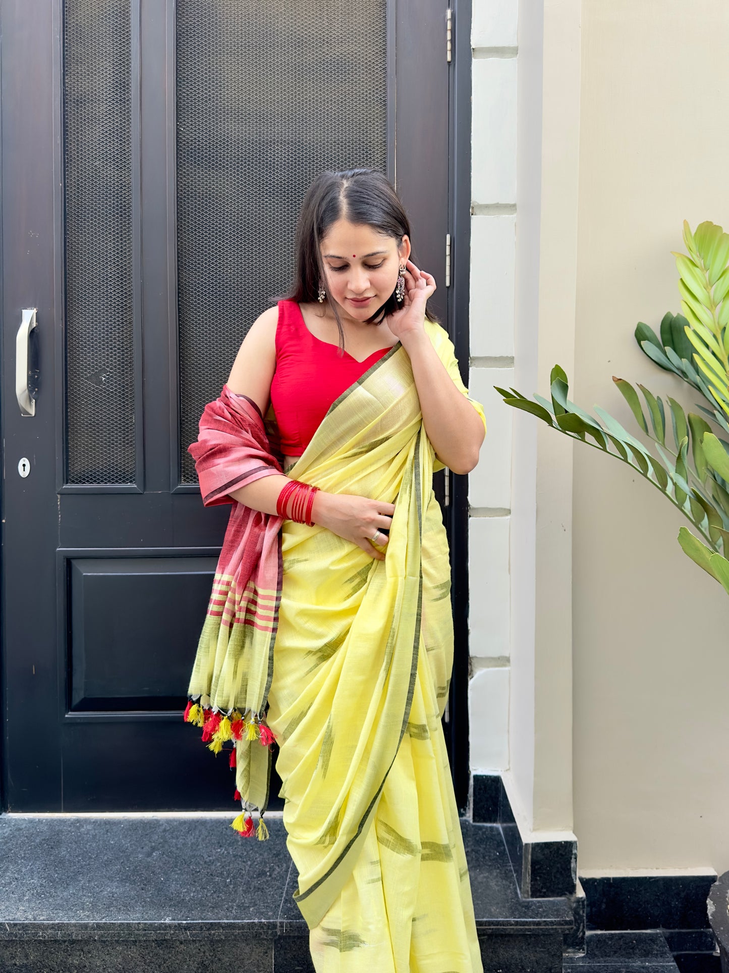 Lemon yellow ikkat saree
