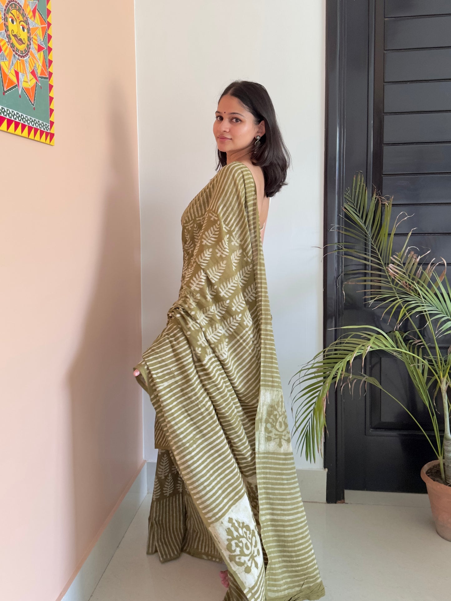 Lightweight olive green hand block saree for summer