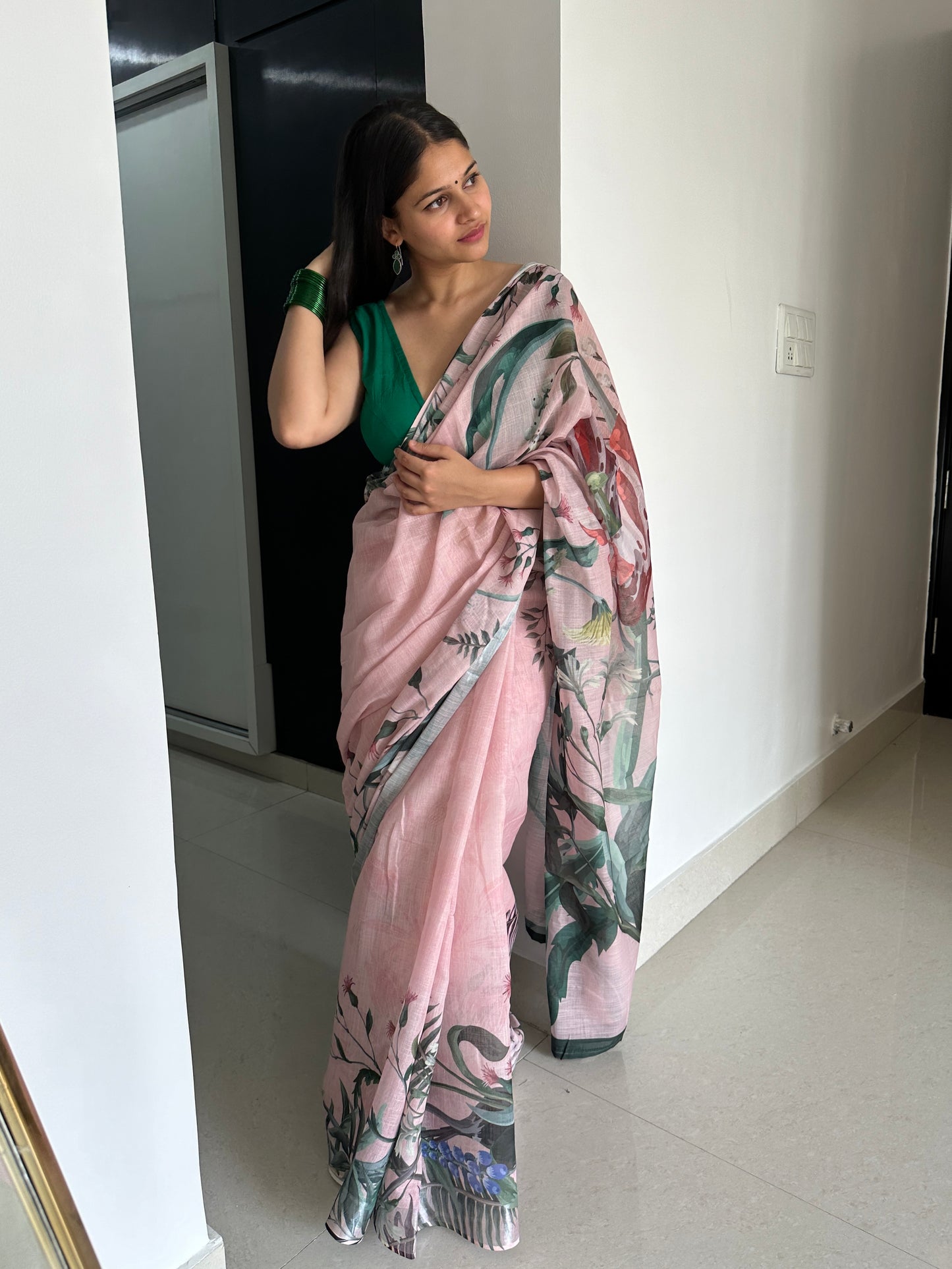 Pure linen baby pink saree