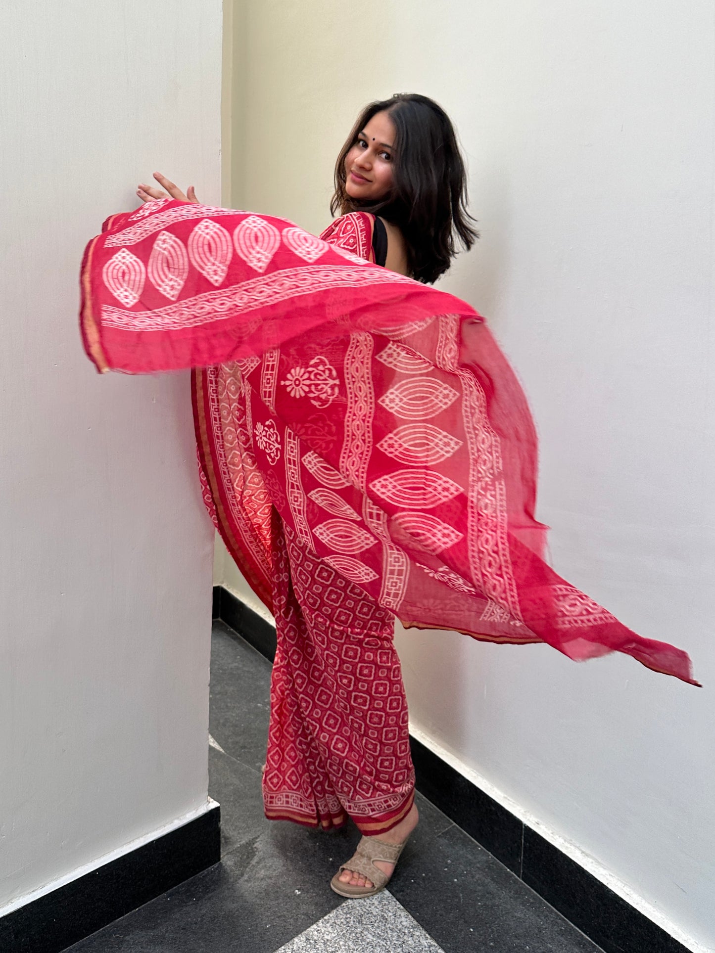 Red chanderi cotton saree
