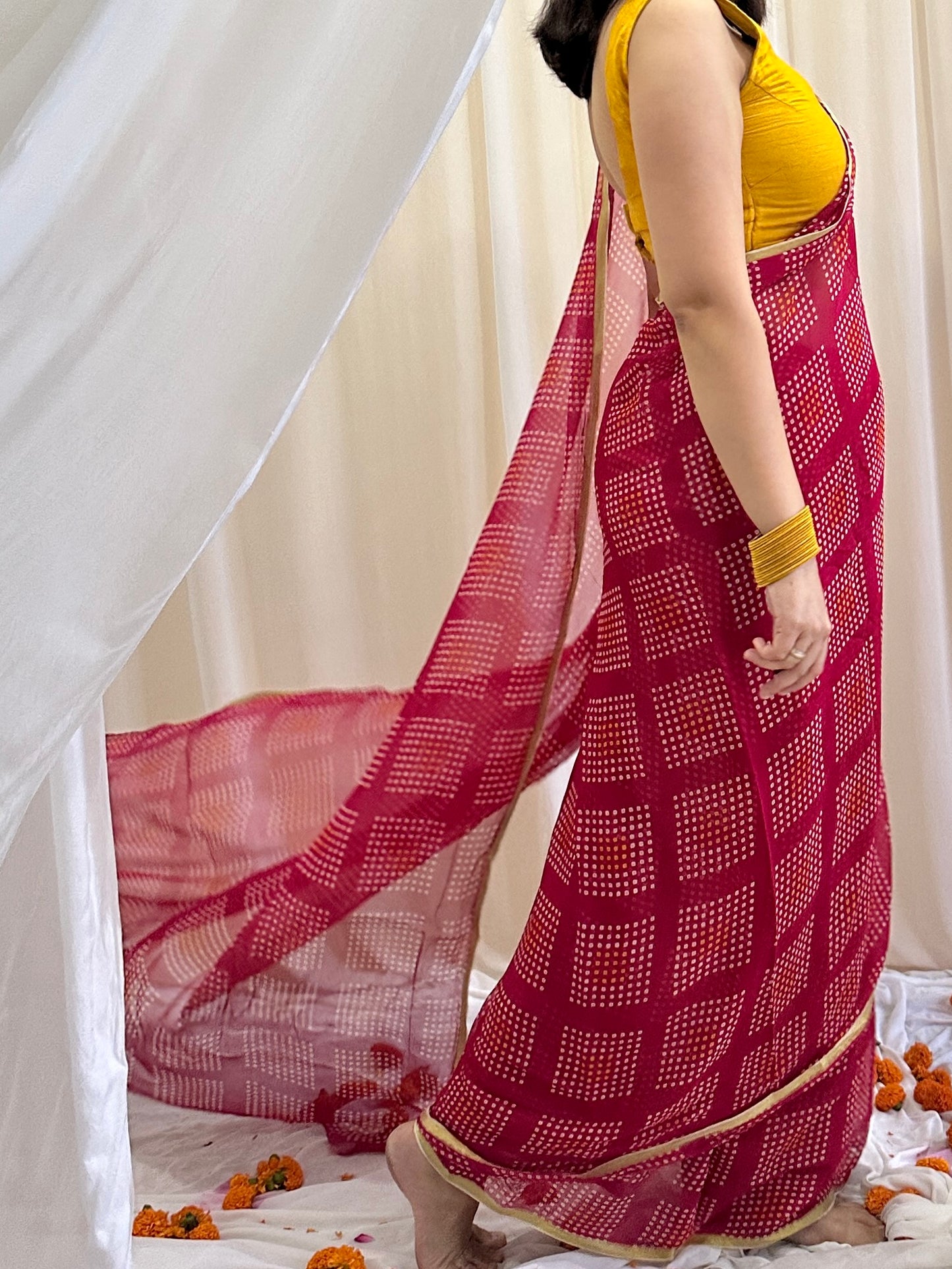 Red checkered saree in bandhej