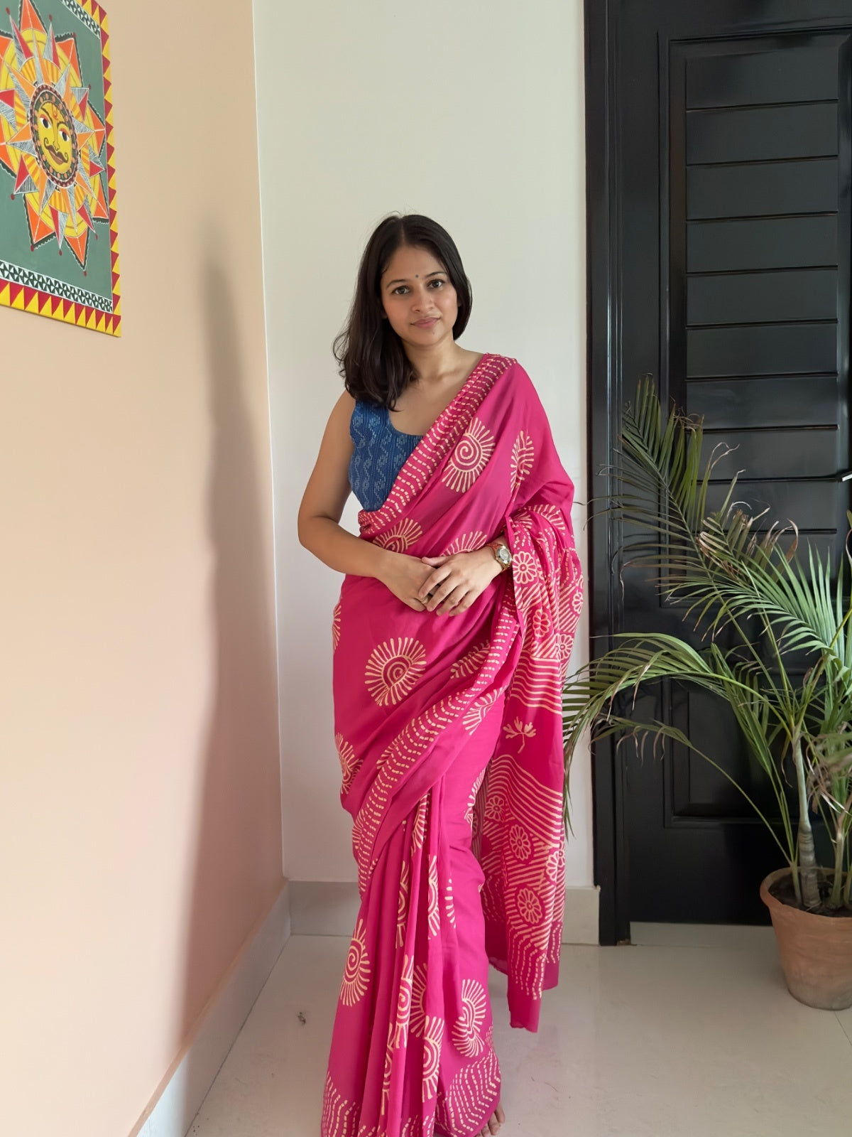 Soft cotton magenta pink saree with traditional floral prints