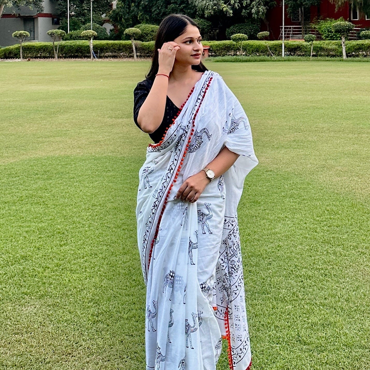 White printed cotton saree