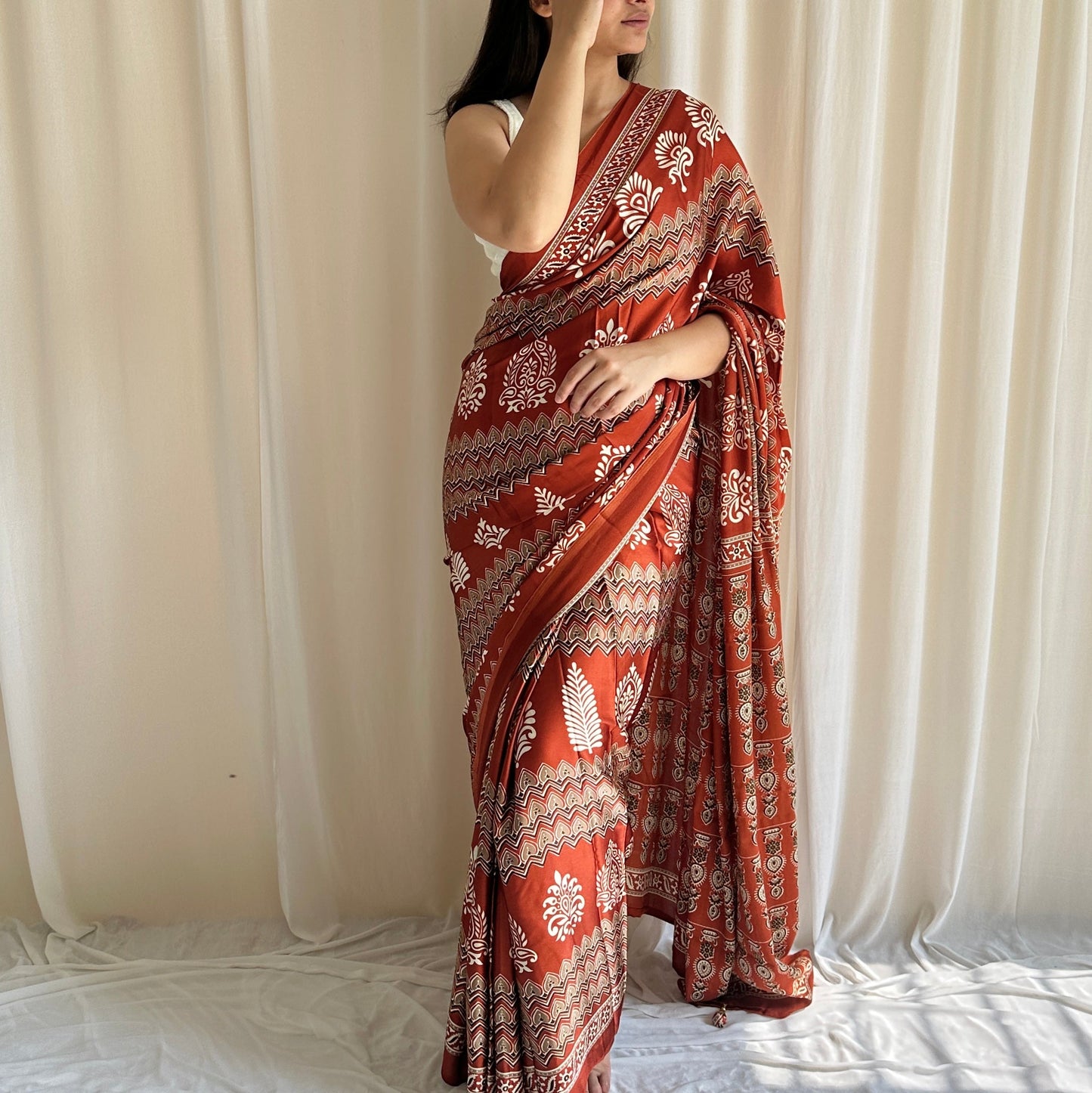 ajrakh print saree in orange