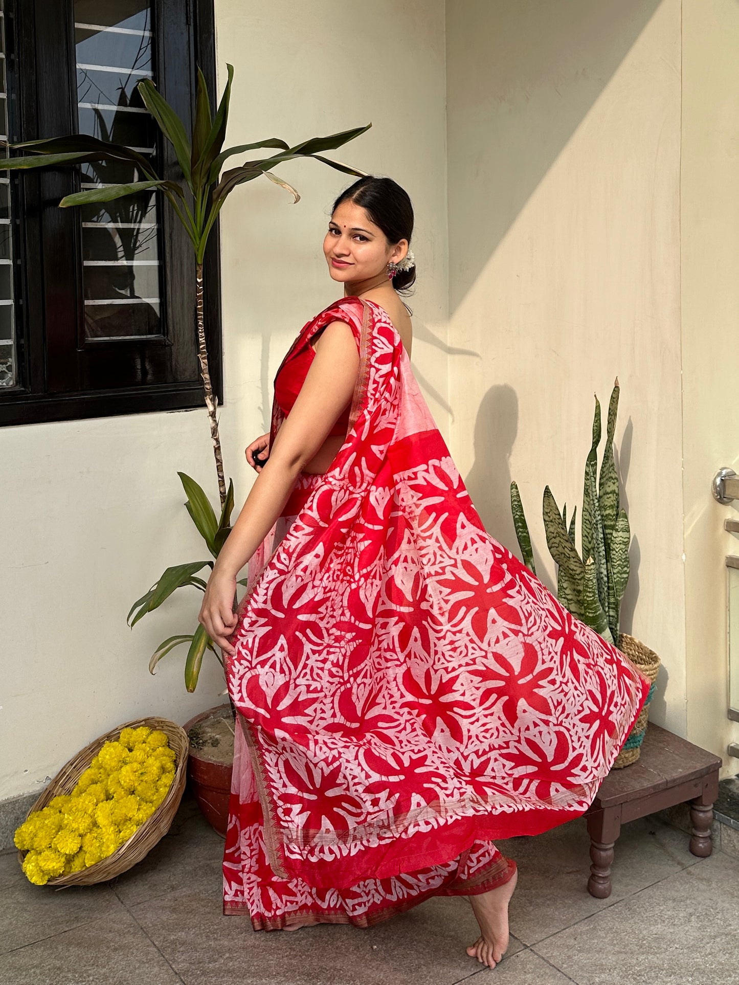 Red Flame Batik Chanderi Silk Saree