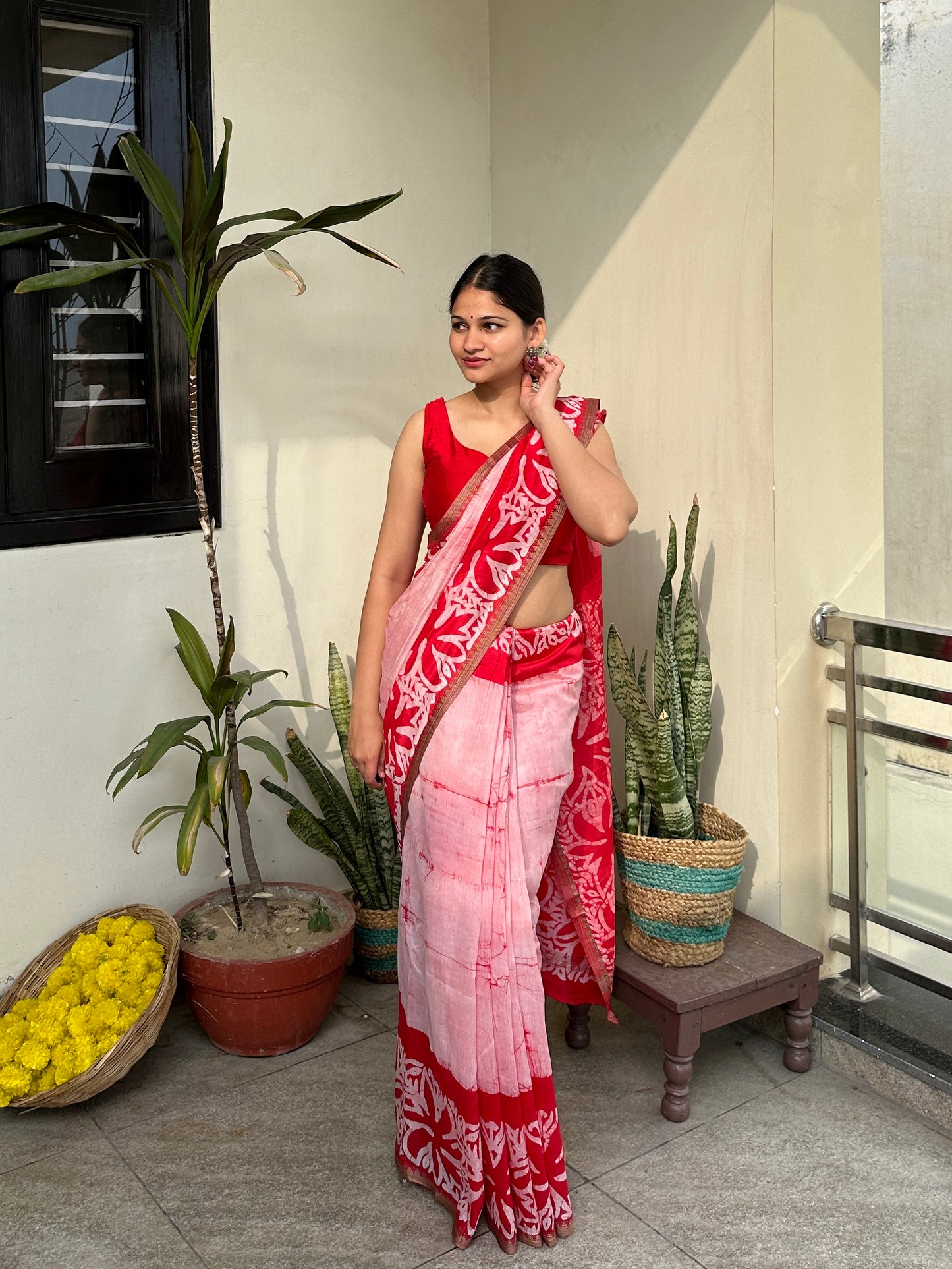 Red Flame Batik Chanderi Silk Saree