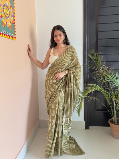 Affordable olive green block print saree for daily wear