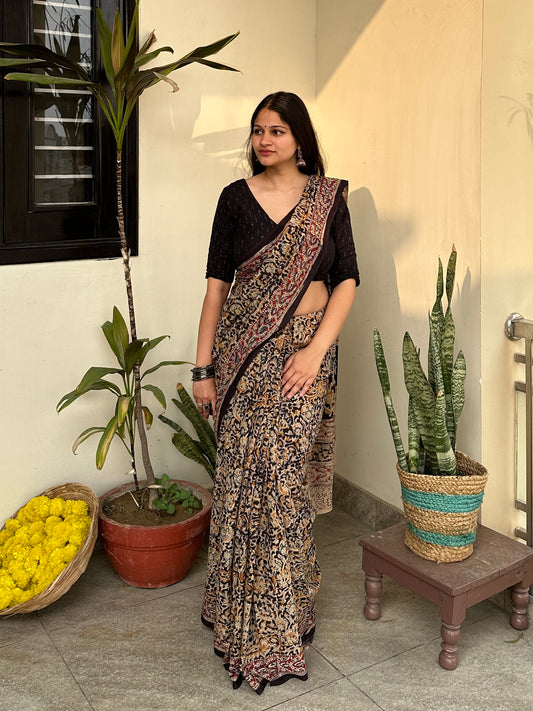 Ajrakh Black Cotton Printed Saree