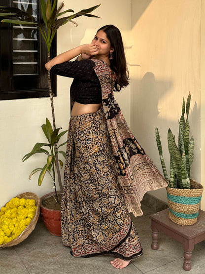 Ajrakh Black Cotton Printed Saree