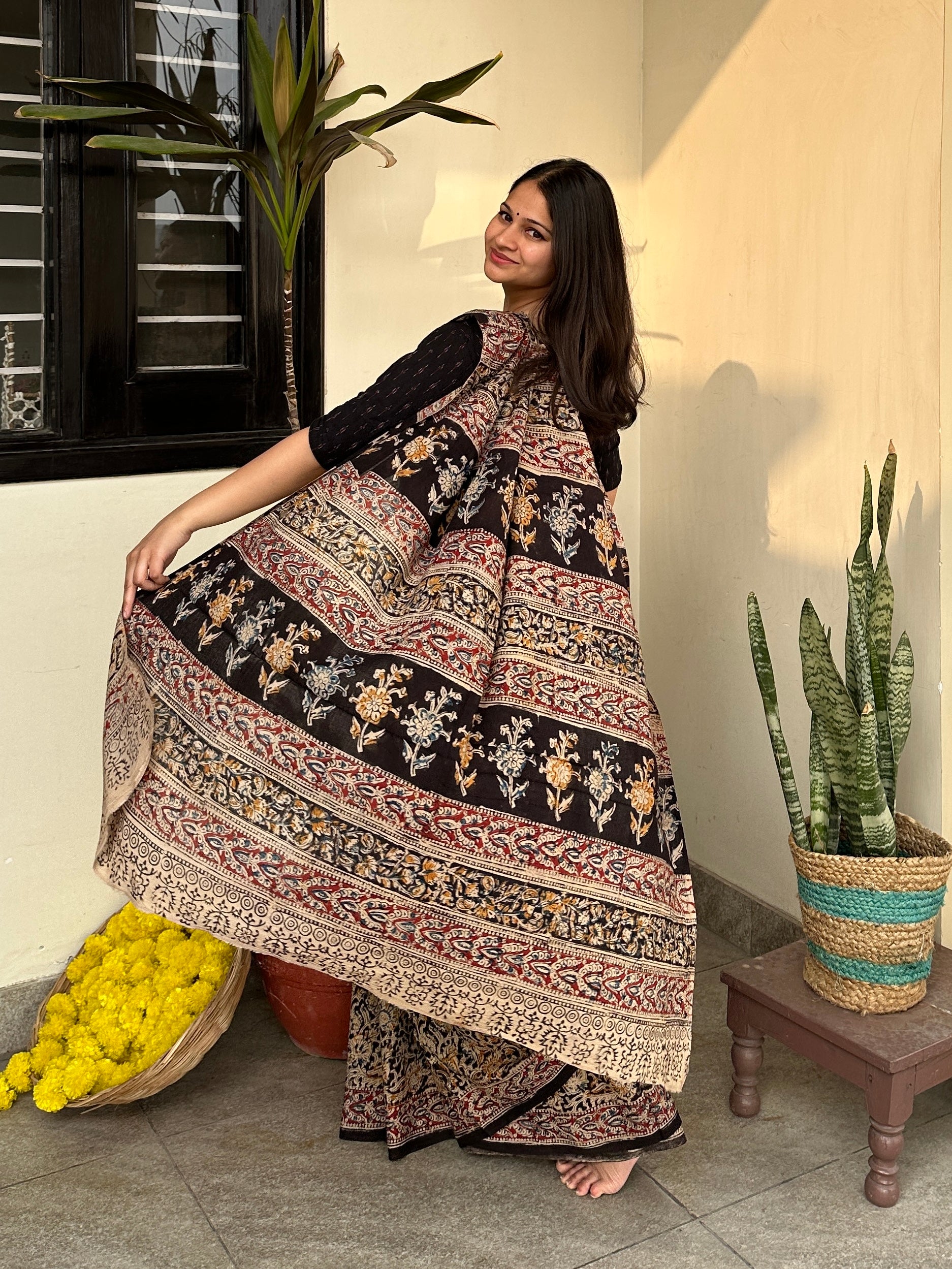 Ajrakh Black Cotton Printed Saree