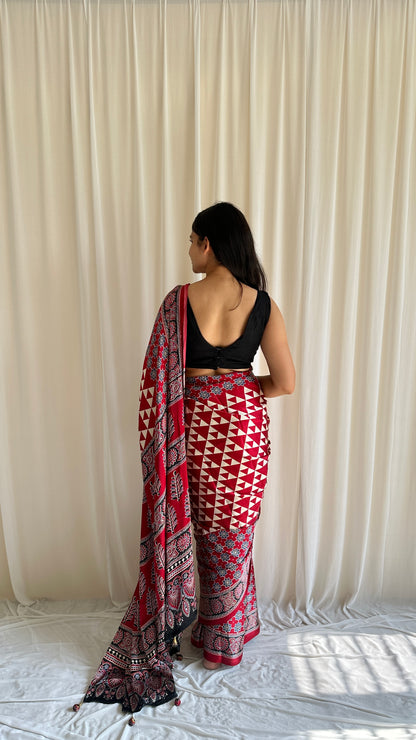 Ajrakh printed red saree 