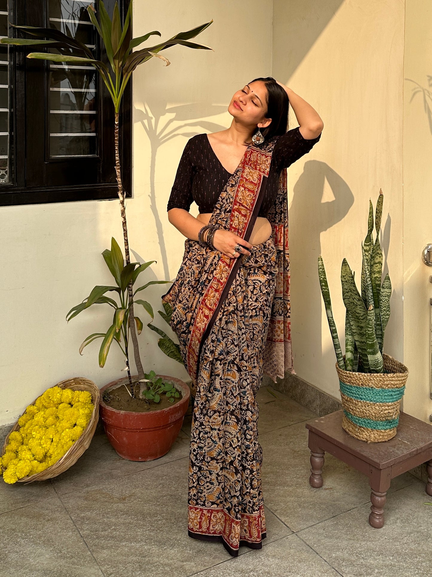 Ajrakh printed saree with border 