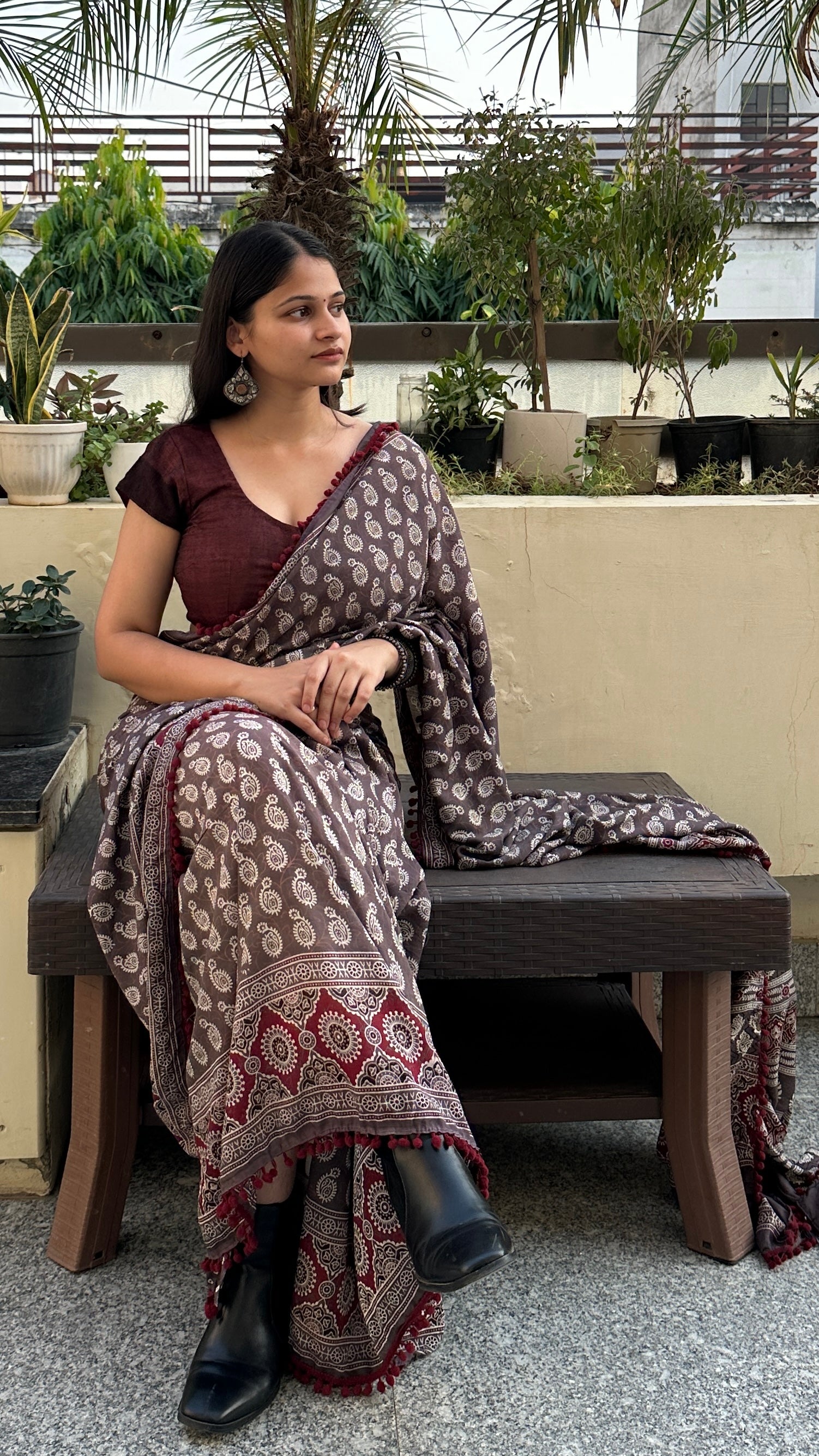 Bagru print mehroon saree