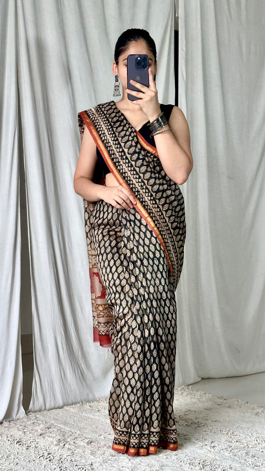 Black bagru print saree