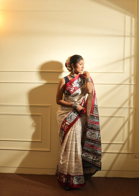 Black and white printed saree