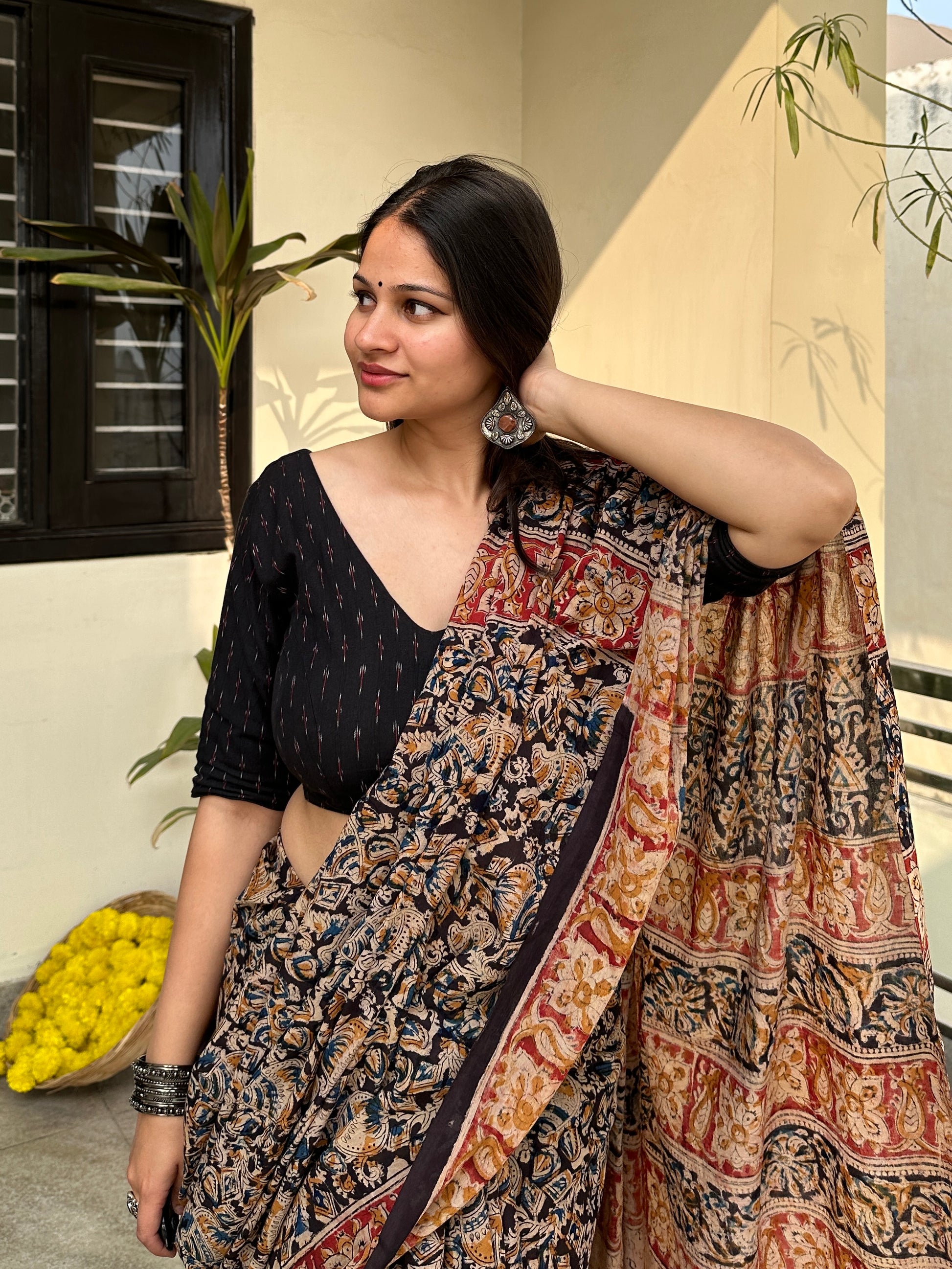 Black pure ajrakh hand block print saree
