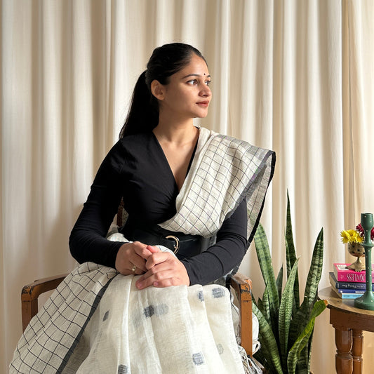 Black & white linen saree