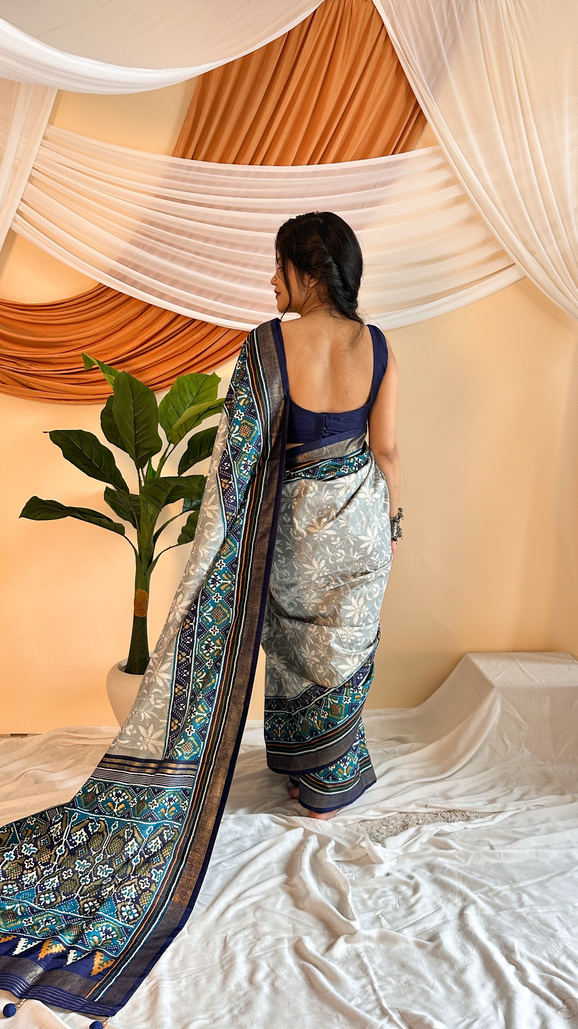 Blue floral print saree