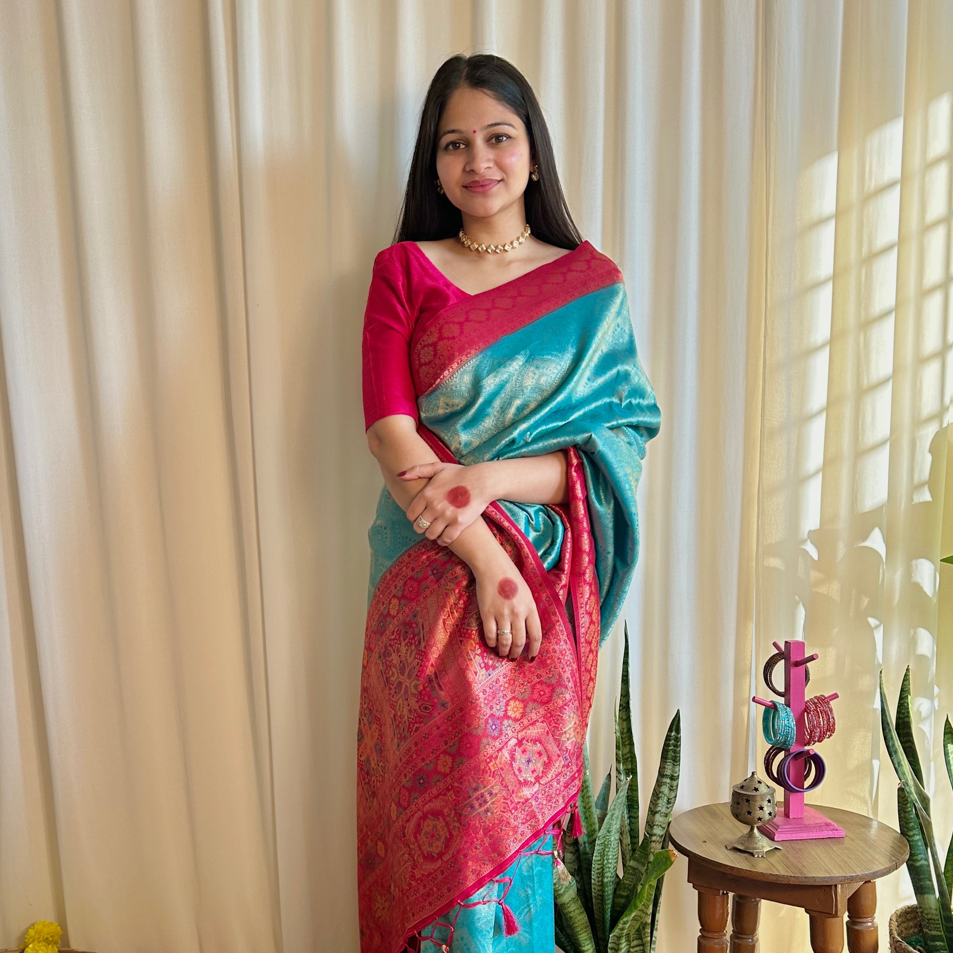 Blue and pink saree combination