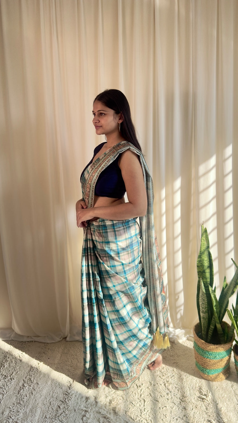 Blue and white check saree