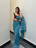 Blue block printed saree