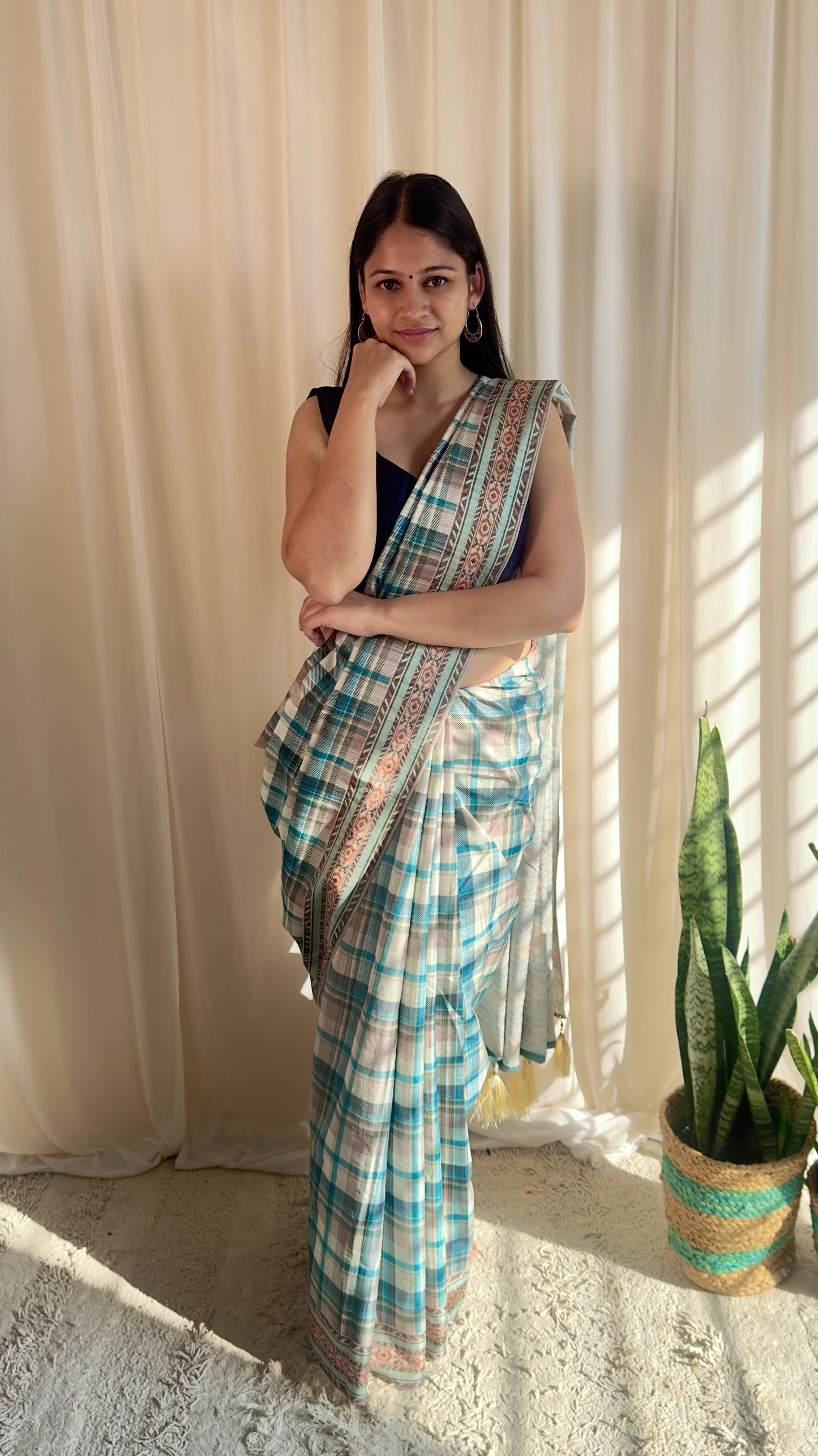 Blue formal check saree