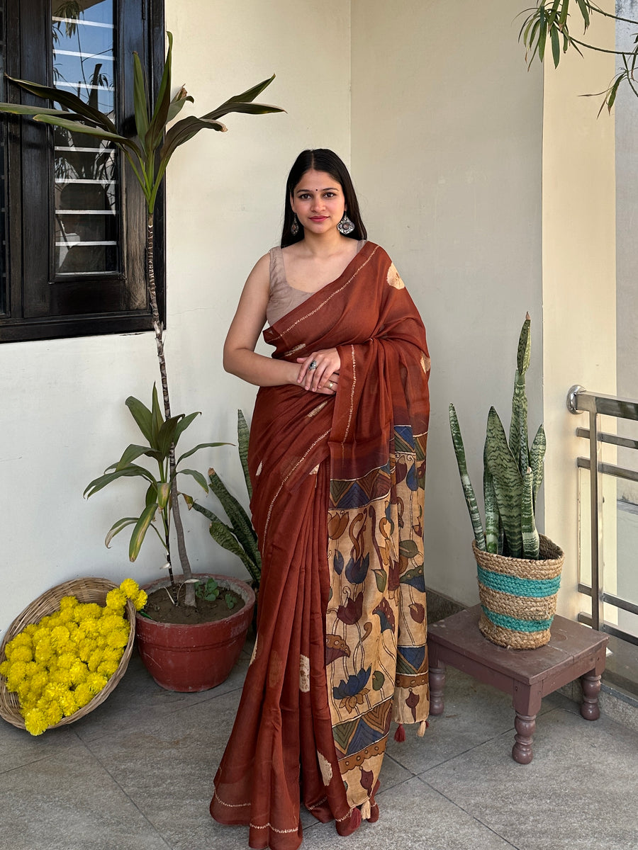 Brown Bandhej Madhubani Saree