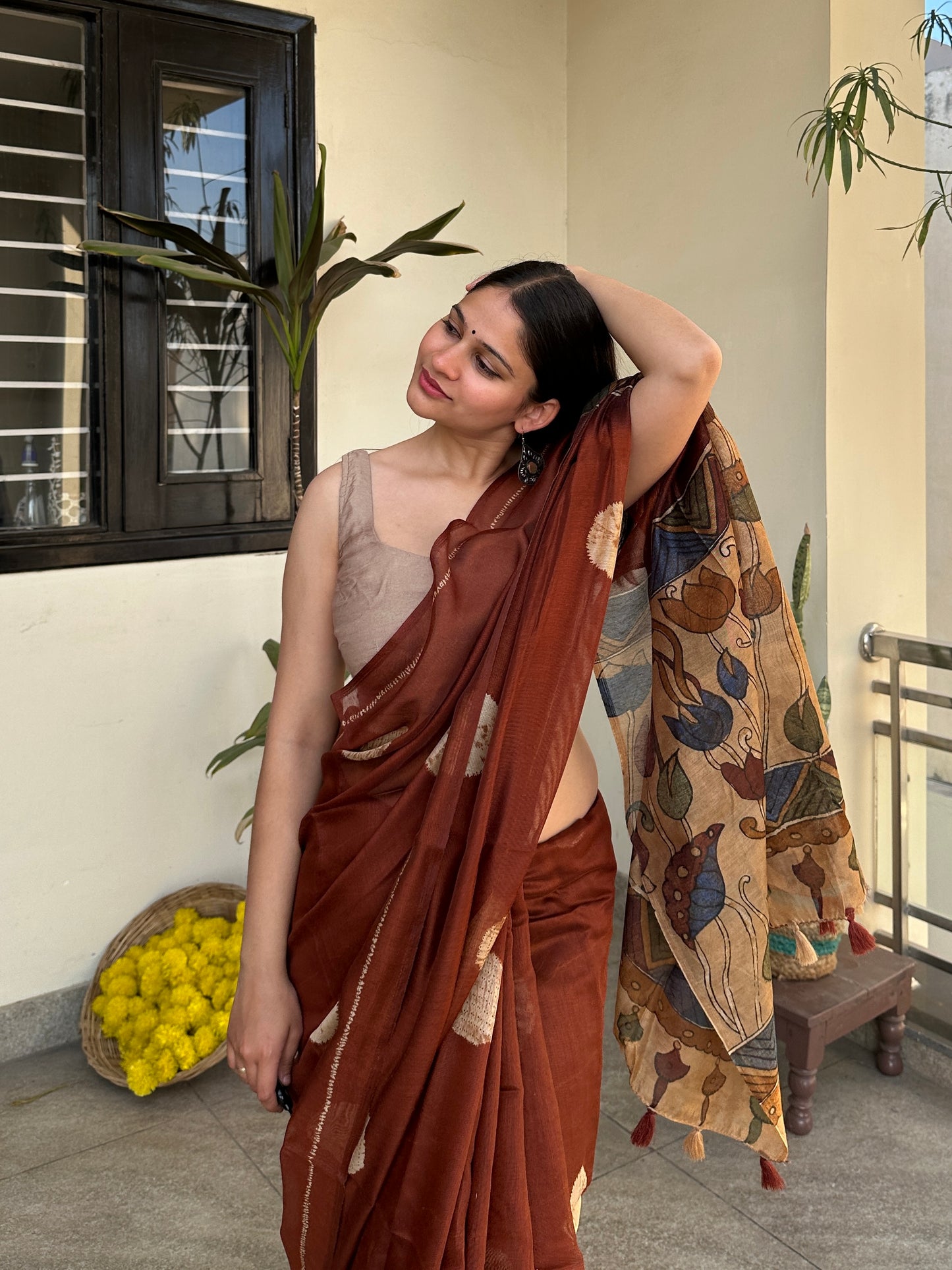 Brown Bandhej Madhubani Saree