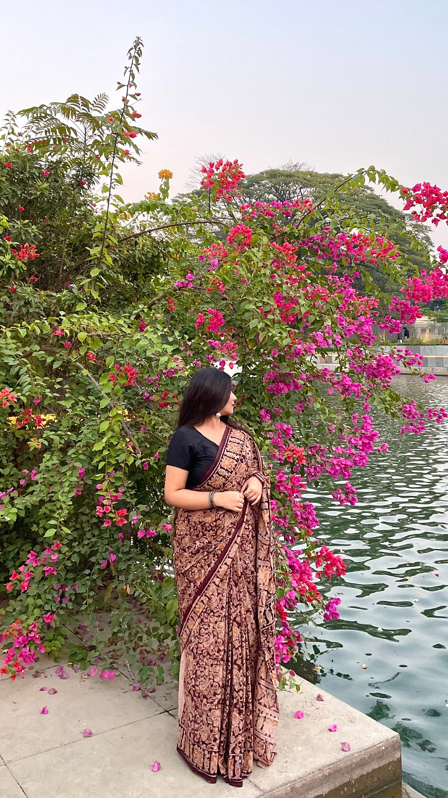 Brown ajrakh hand block print saree