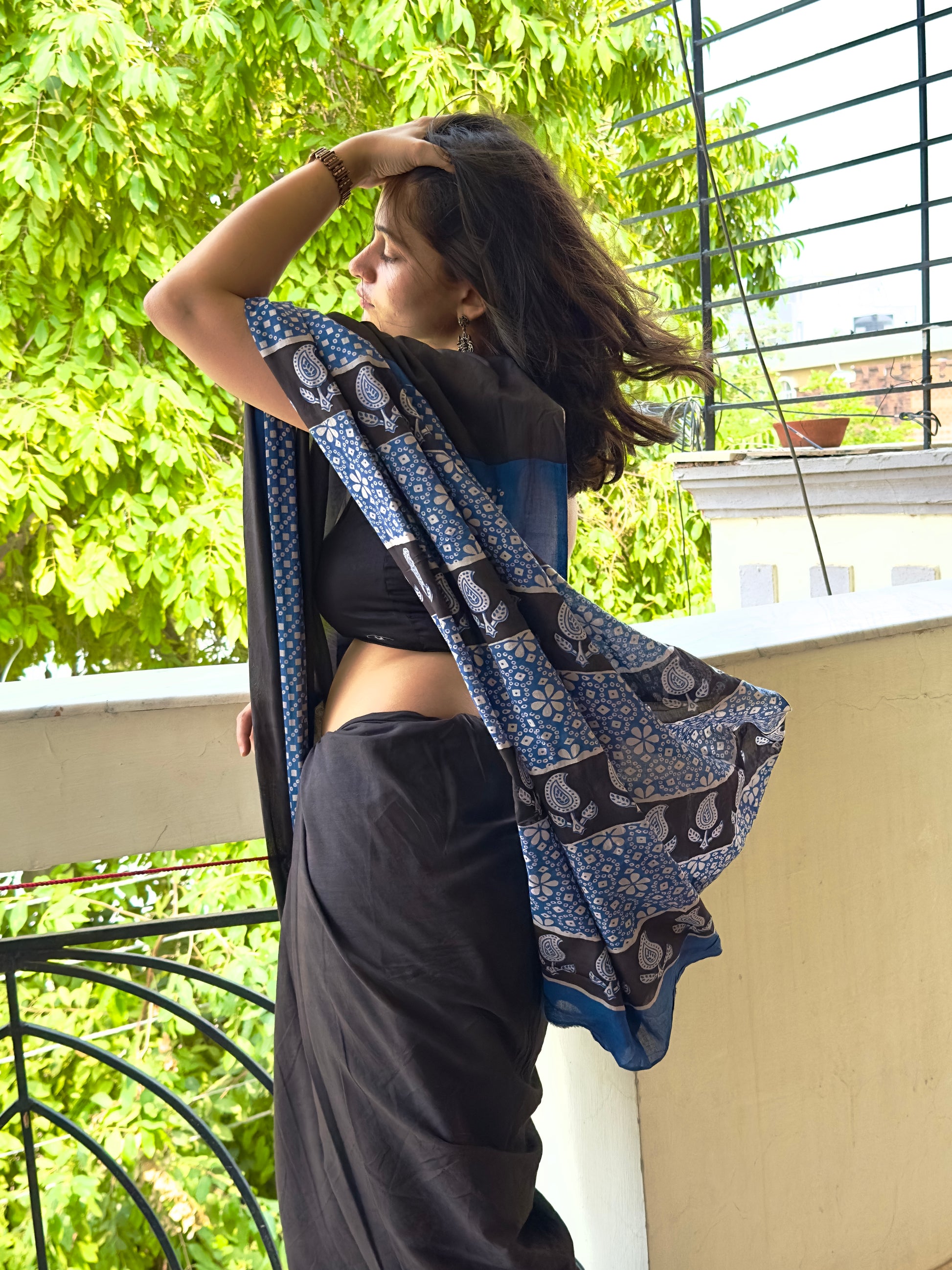 Buy black hand block printed cotton saree online