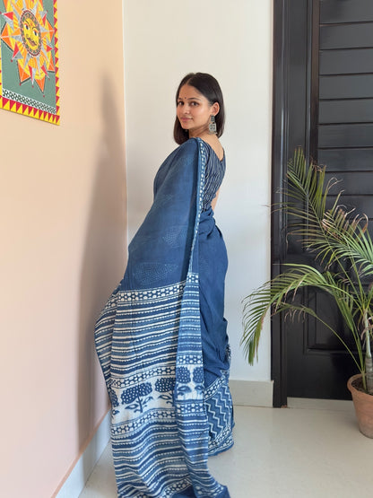 Buy indigo blue hand block print saree for work