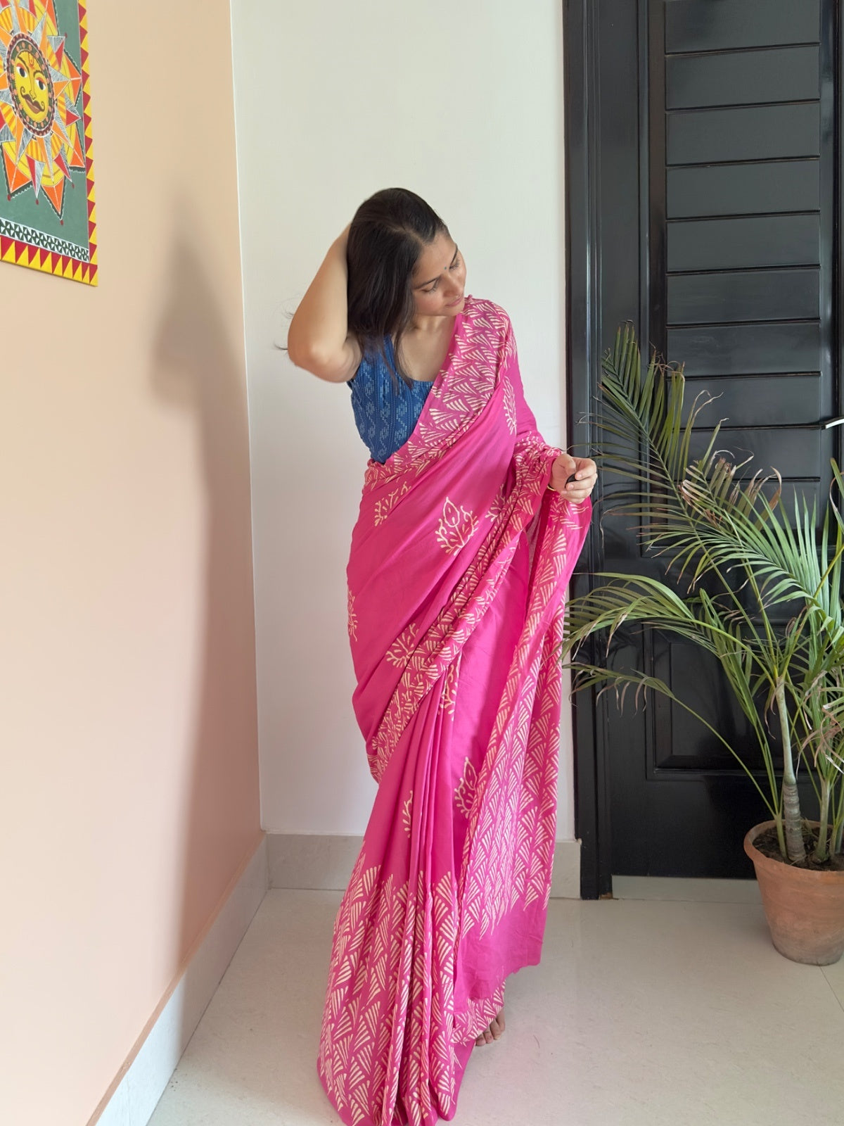 Buy soft pink hand block print saree with floral design