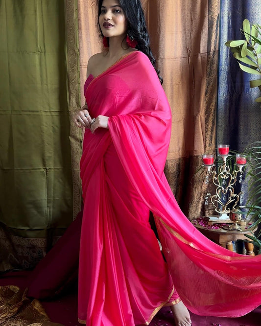 Rani pink bright georgette saree with zari border 