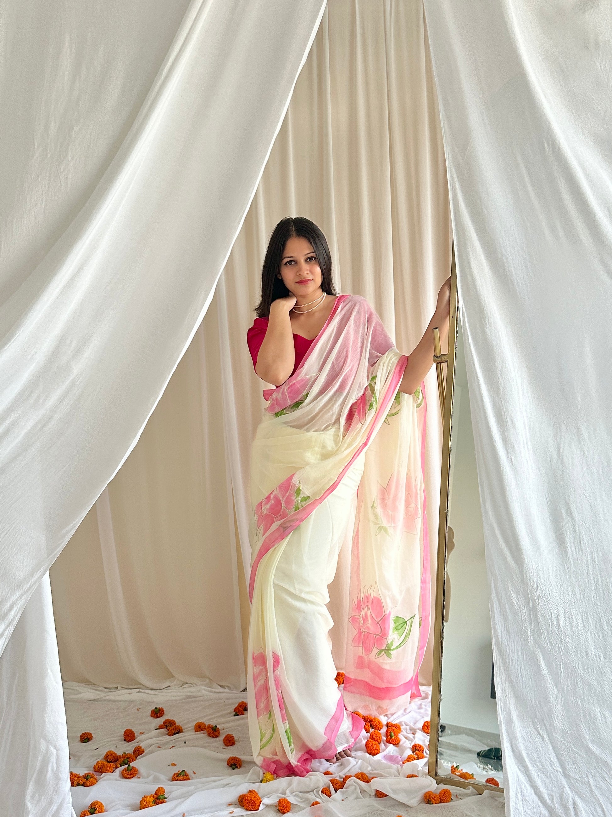 Classic white chiffon saree