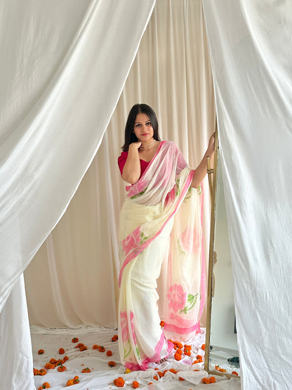 Classic white chiffon saree