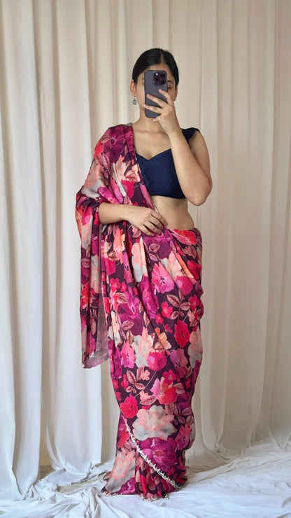 Floral satin saree