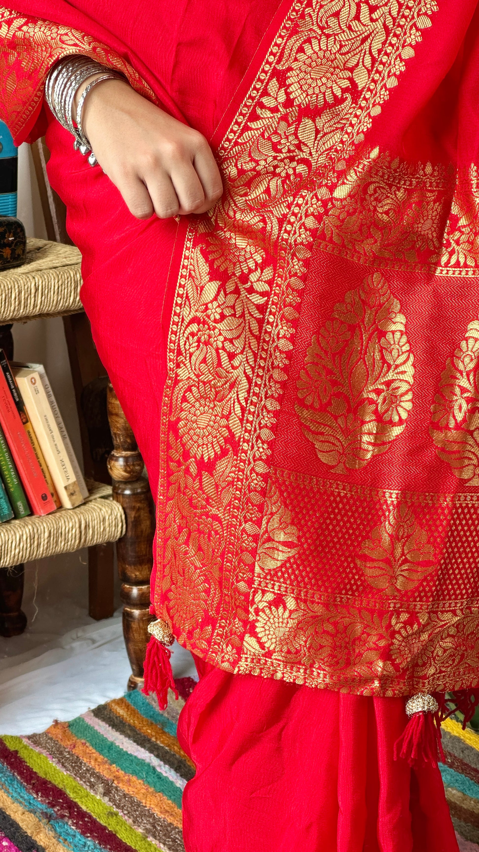 Girlish red silk saree 