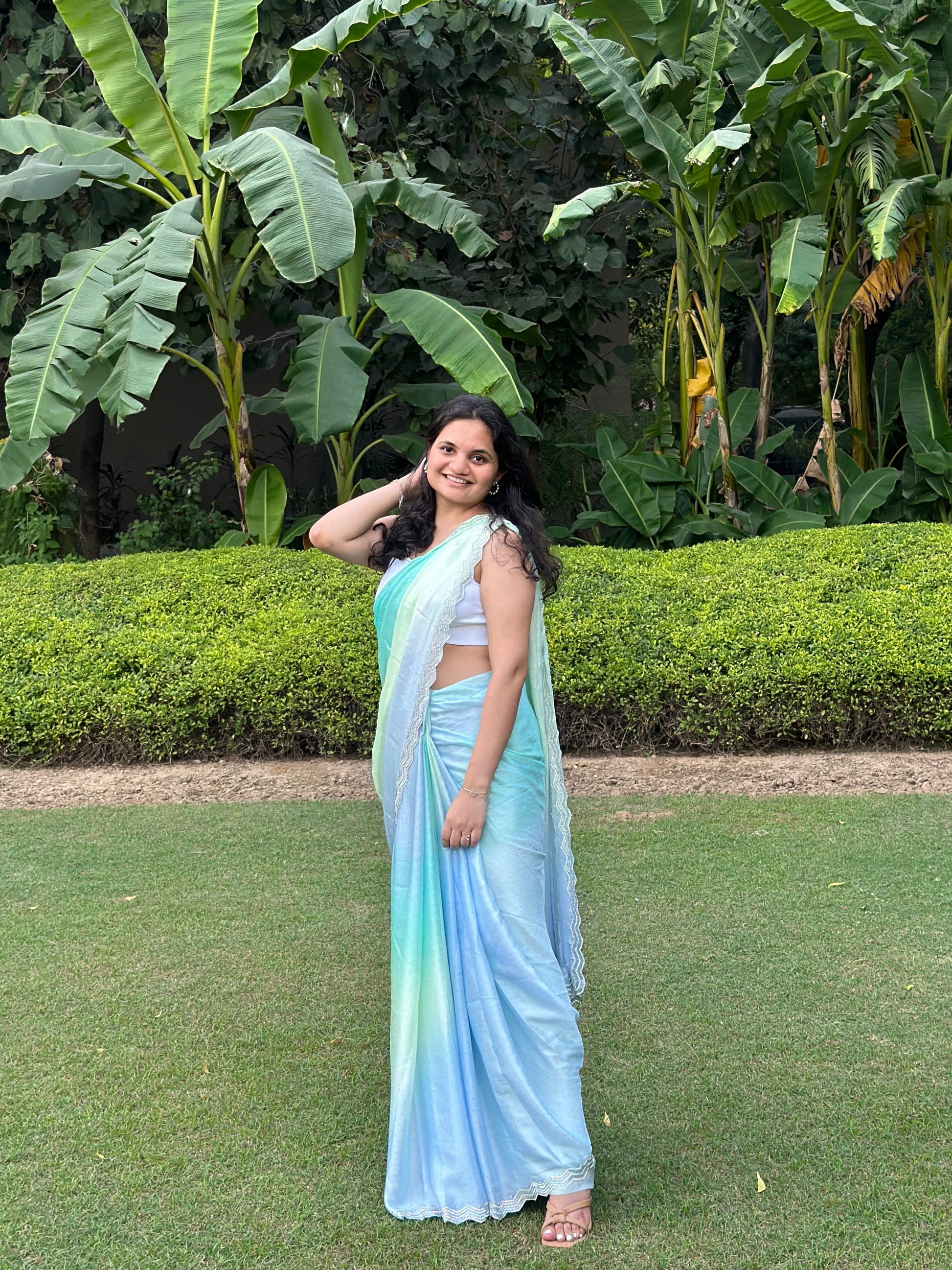 Green and blue ombré saree