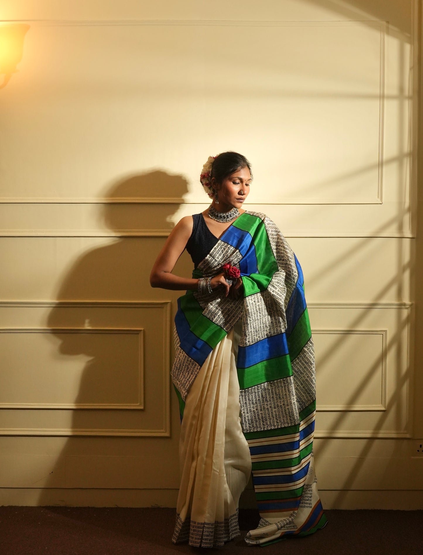 Green and white combination saree