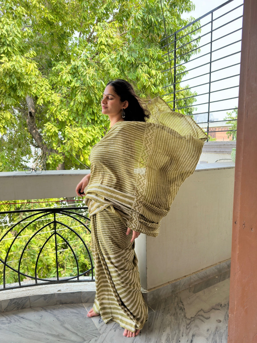 Green striped cotton saree for daily wear