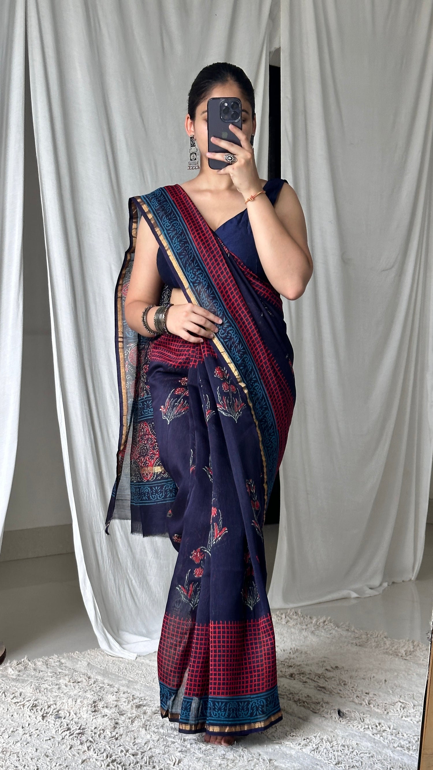 Handblock print blue saree